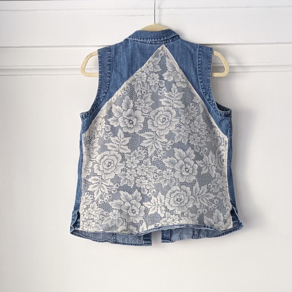 Reworked Boho Western Crochet Lace Denim Vest - Picture 2 of 3